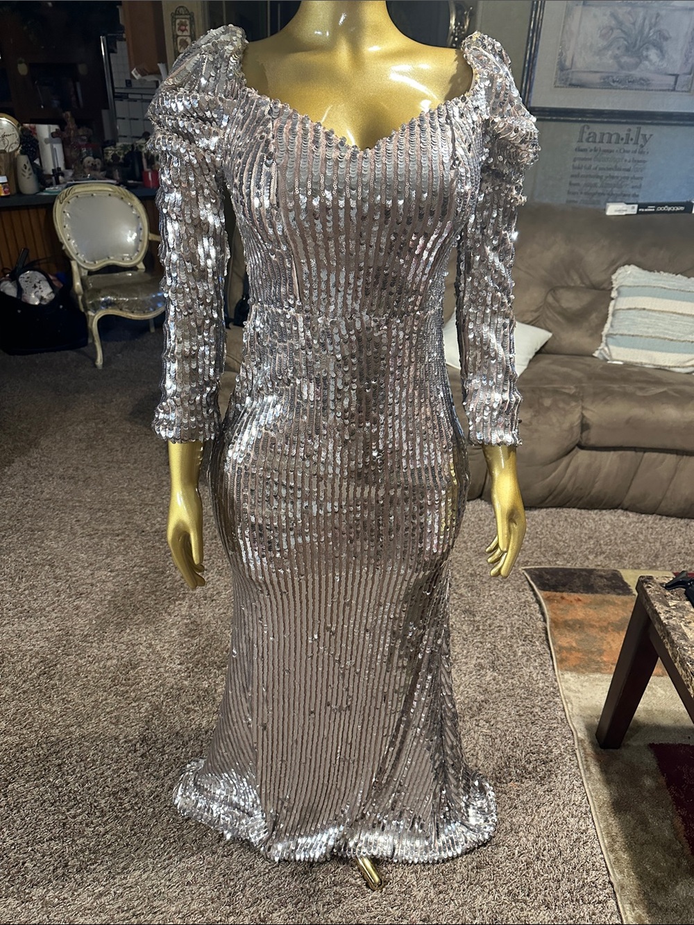 Silver Sequin Long-Sleeve Evening Gown with Puff Shoulders